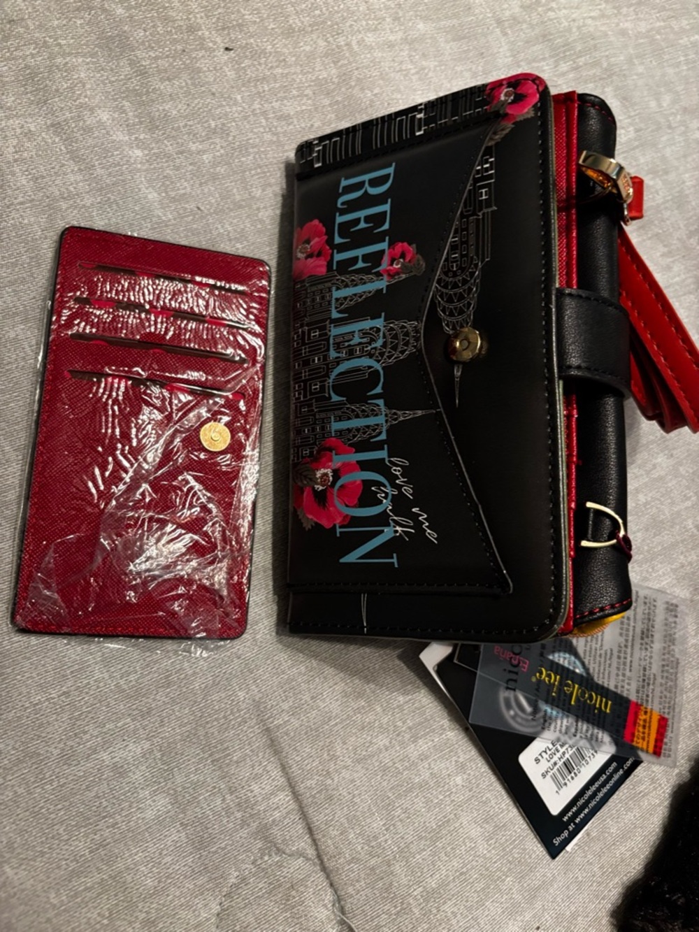 New Nicole Lee Black Phone Crossbody Wallet with Red Strap and Floral Art